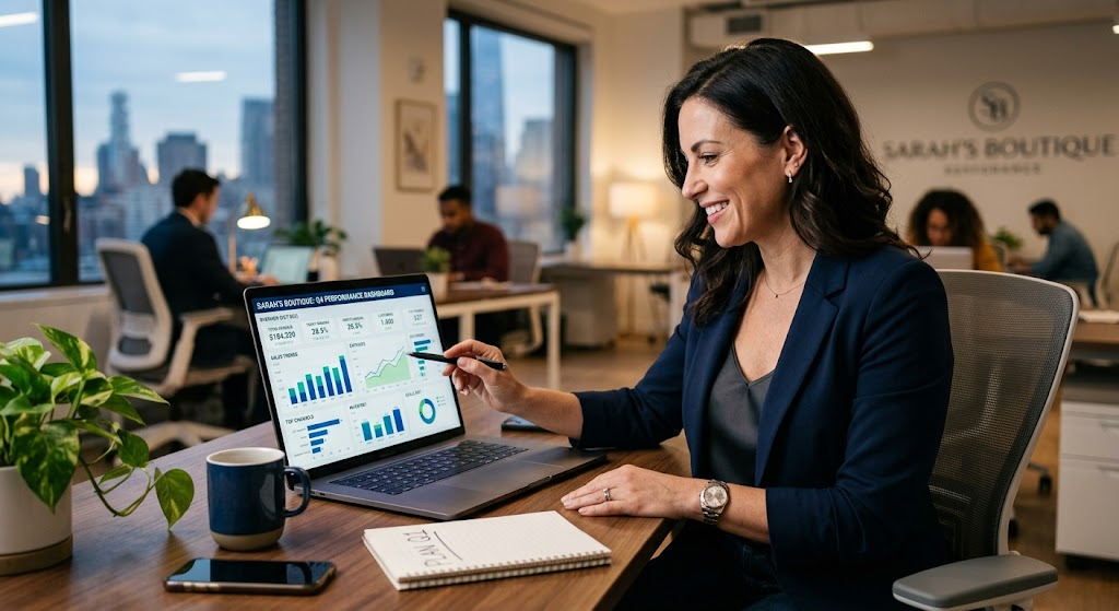 Business owner confidently reviewing their own account dashboard, sense of ownership.