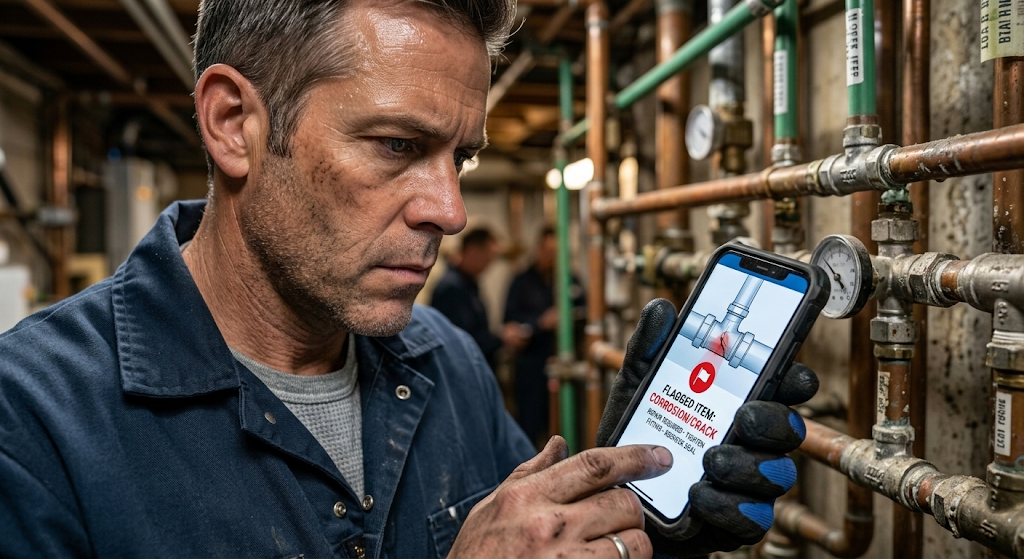 Tradesperson on a job site examining a flagged item alert on a phone screen