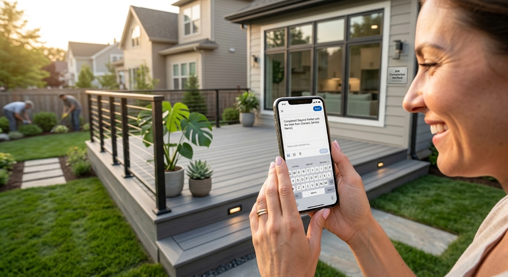 Homeowner smiling as she texts a review about a newly finished backyard deck while the crew works in the yard