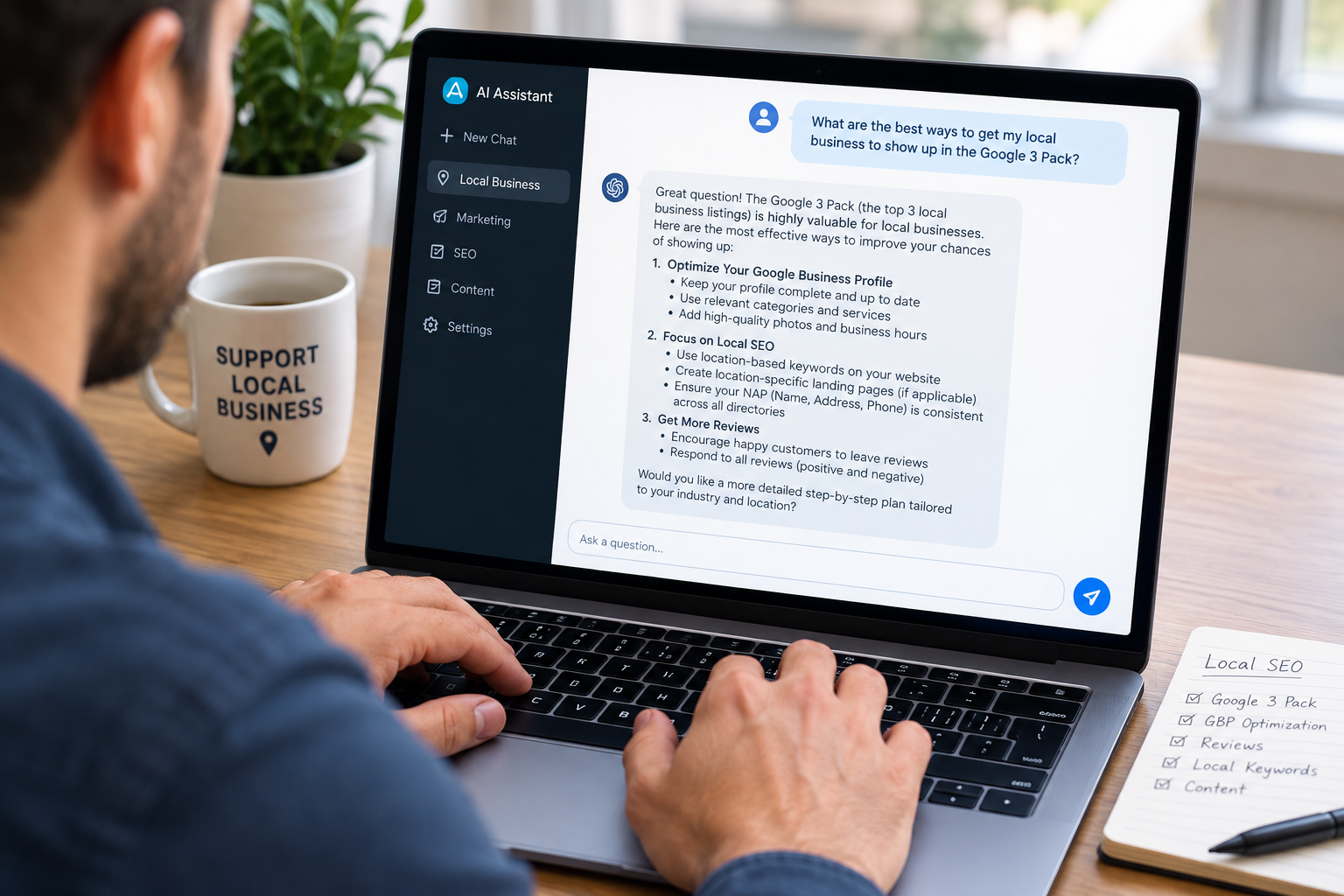Business owner at a laptop asking an AI assistant how to show up in the Google 3 Pack