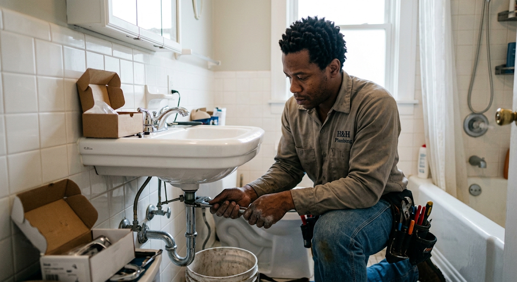 Plumber using a wrench to repair the P-trap under a bathroom sink with tools laid out nearby.