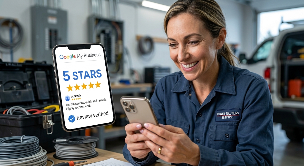 Electrician in a workshop smiling at a five-star verified Google review on her phone