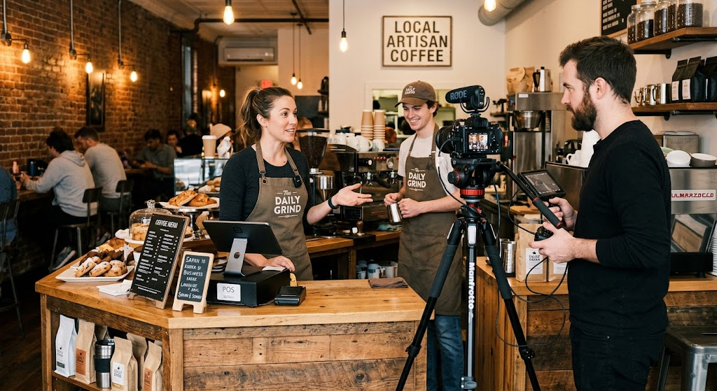 Videographer filming a coffee shop owner and barista behind the counter for local business content