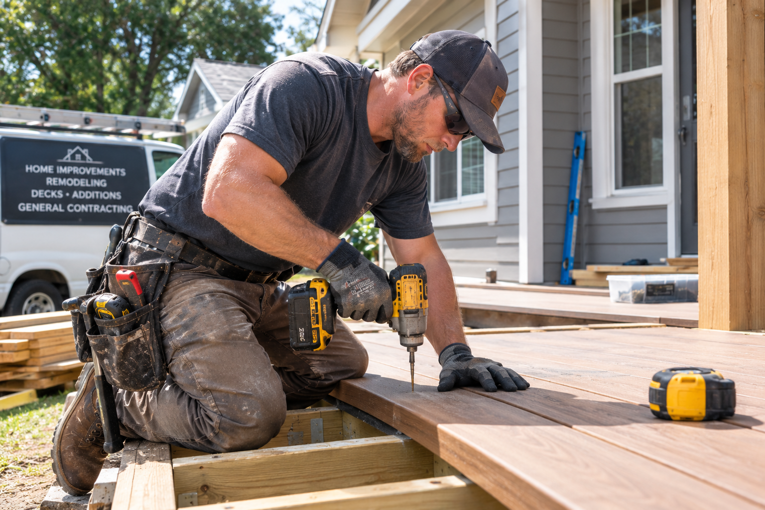 General contractor kneeling on a new deck, driving screws into a board with a cordless drill.