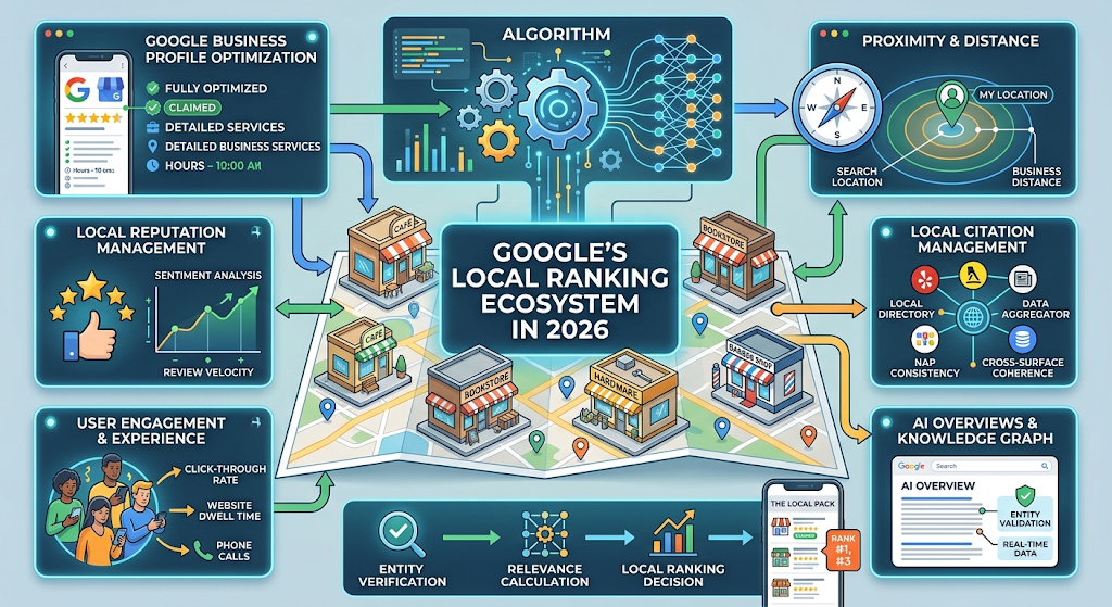 Google's local ranking ecosystem in 2026: profile optimization, reputation, citations, proximity, engagement and AI Overviews feeding entity verification, relevance calculation and the local ranking decision