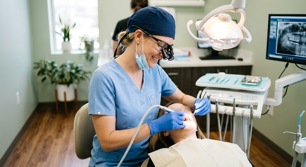 Dental hygienist in blue scrubs and loupes smiling while treating a patient in a modern dental operatory.