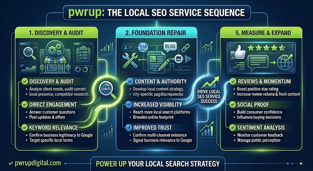 Pwr Up: the local SEO service sequence — 1. Discovery & audit: analyze client needs, audit local presence, competitor research, direct engagement and keyword relevance; 2. Foundation repair: local content strategy, city-specific pages, increased visibility and improved trust; 5. Measure & expand: reviews and momentum, social proof and sentiment analysis.