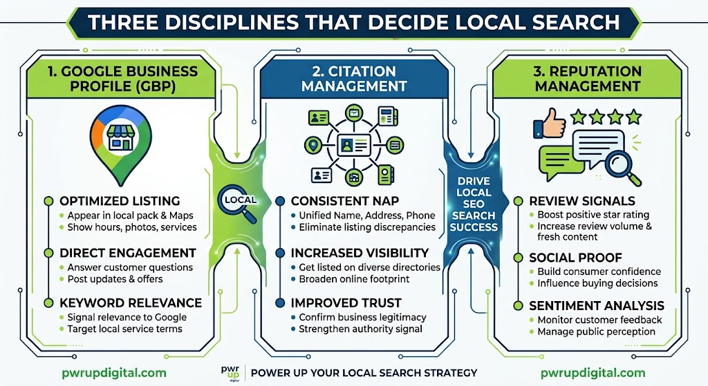 Three disciplines that decide local search: Google Business Profile (optimized listing, direct engagement, keyword relevance), citation management (consistent NAP, increased visibility, improved trust), and reputation management (review signals, social proof, sentiment analysis) — together they drive local SEO search success.