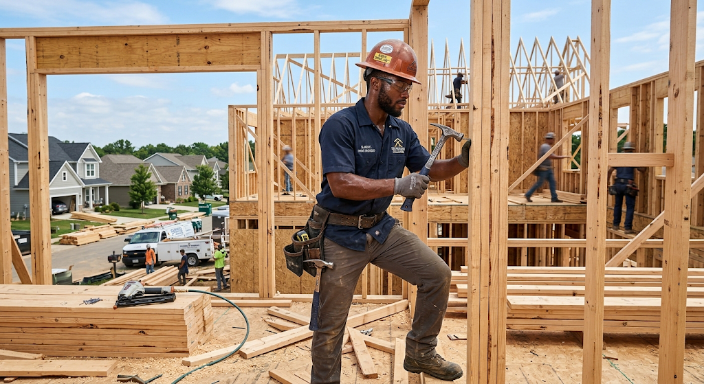 Home builder in a hard hat driving nails into the wood framing of a new house under construction.
