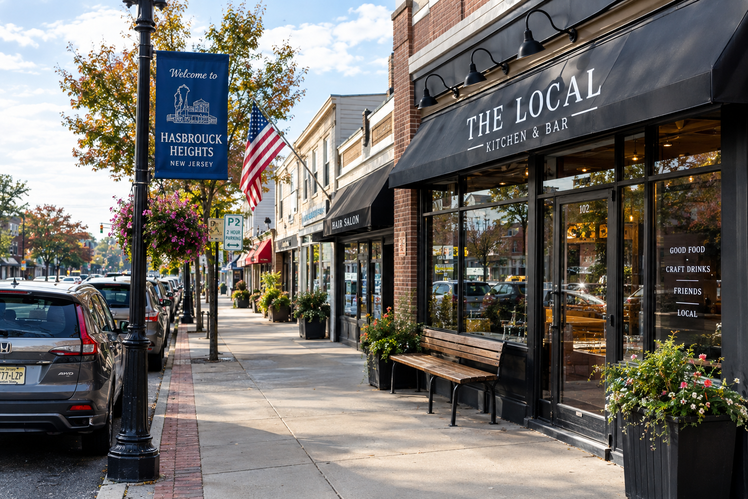 Downtown Hasbrouck Heights, New Jersey storefronts along the main street with a welcome banner