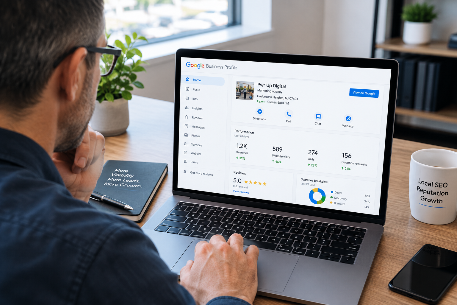 Business owner reviewing a Google Business Profile dashboard on a laptop showing performance, reviews and search breakdown