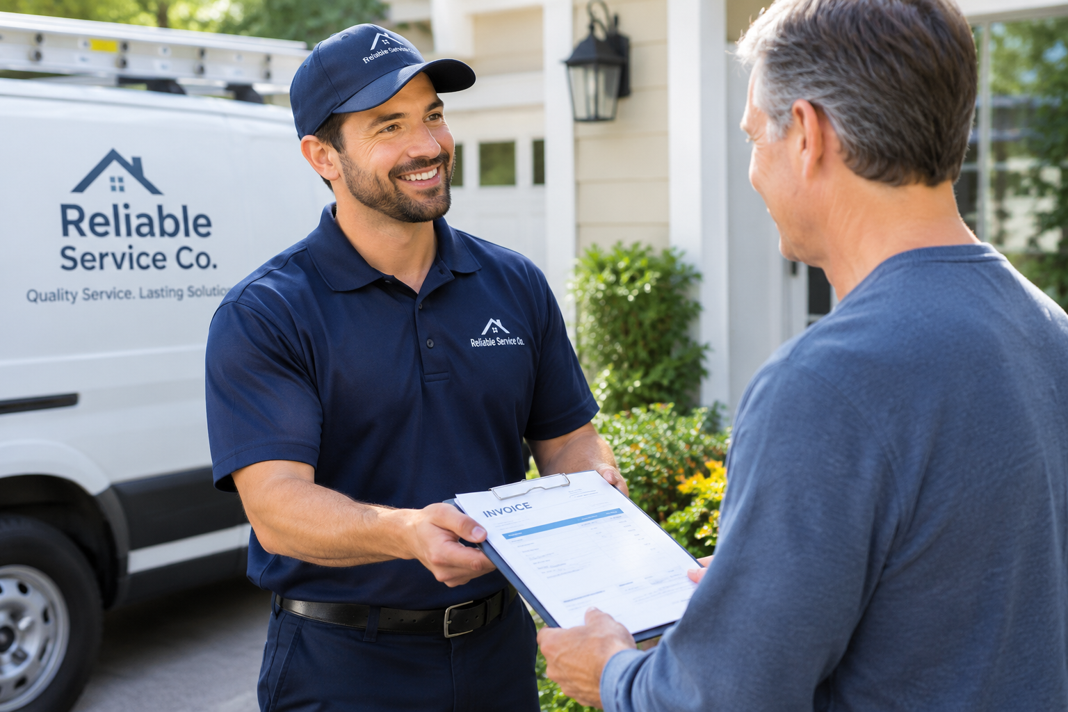 Uniformed service technician handing an invoice on a clipboard to a homeowner in front of a branded work van