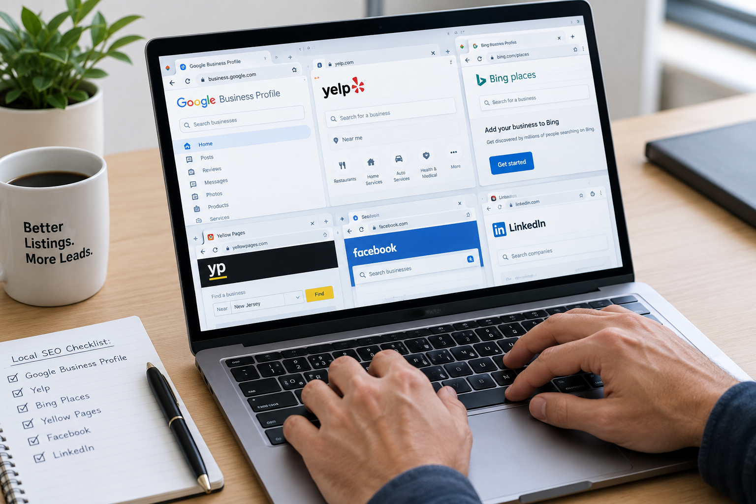 Laptop showing Google Business Profile, Yelp, Bing Places, Yellow Pages, Facebook and LinkedIn business listings side by side