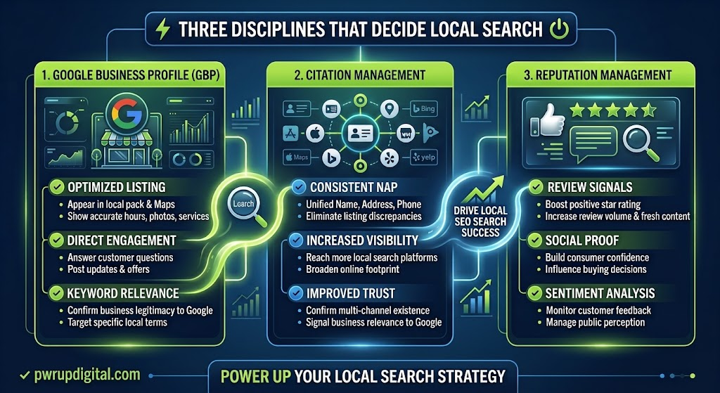 Three disciplines that decide local search: Google Business Profile (optimized listing, direct engagement, keyword relevance), citation management (consistent NAP, increased visibility, improved trust), and reputation management (review signals, social proof, sentiment analysis) — together they drive local SEO search success.