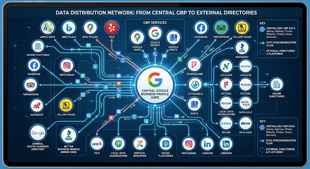 Data distribution network diagram showing business information flowing from a central Google Business Profile out to external directories and aggregators.