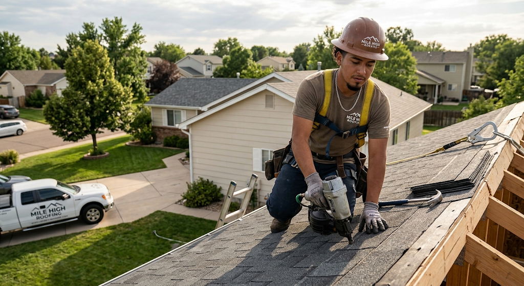 Roofer in a hard hat and safety harness using a nail gun on shingles above a suburban neighborhood.