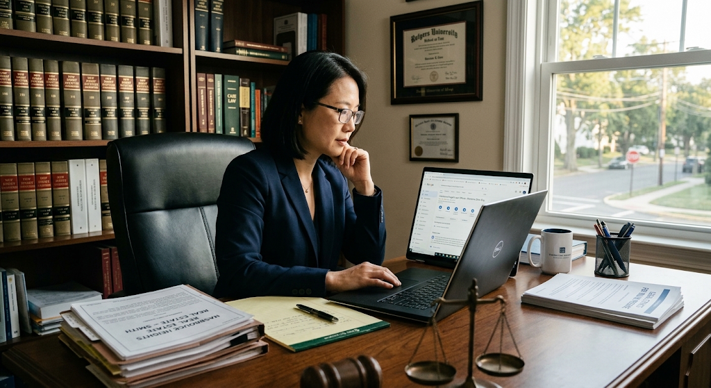 Attorney at her office desk reviewing a client review request on her laptop