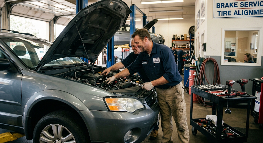 Two auto repair technicians working under the hood of a car inside a busy repair shop.