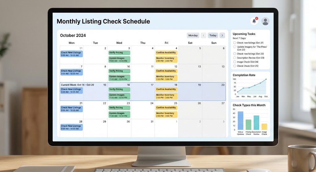 Calendar or dashboard view showing a recurring monthly listing-check schedule.