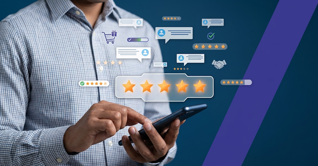 Person tapping a smartphone surrounded by five-star ratings and customer review notifications