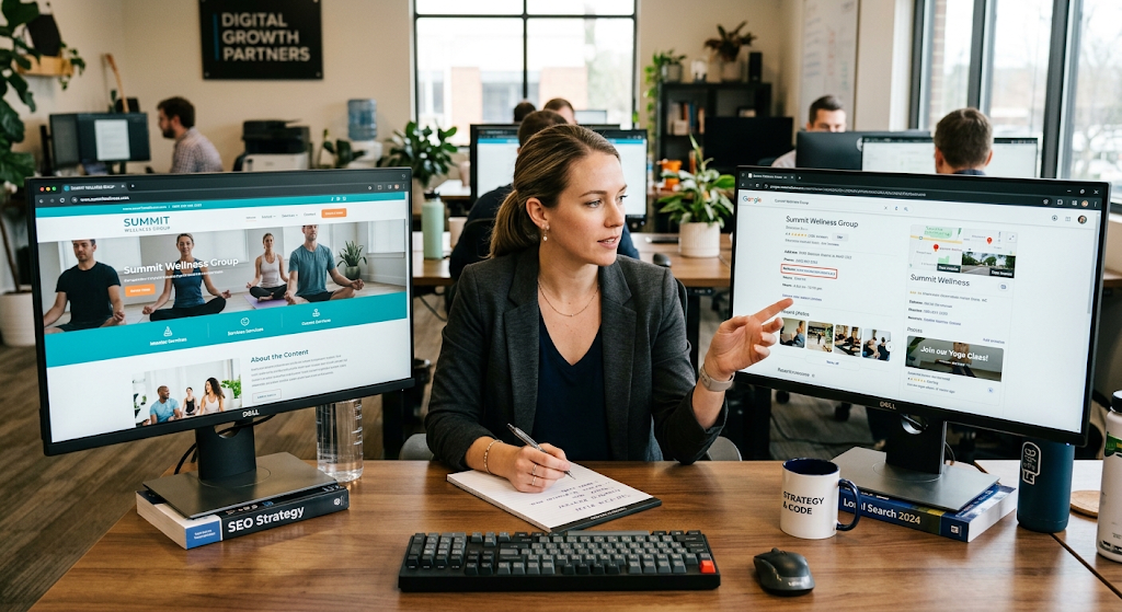 Local SEO strategist reviewing a client website and Google Business Profile on dual monitors in an agency office