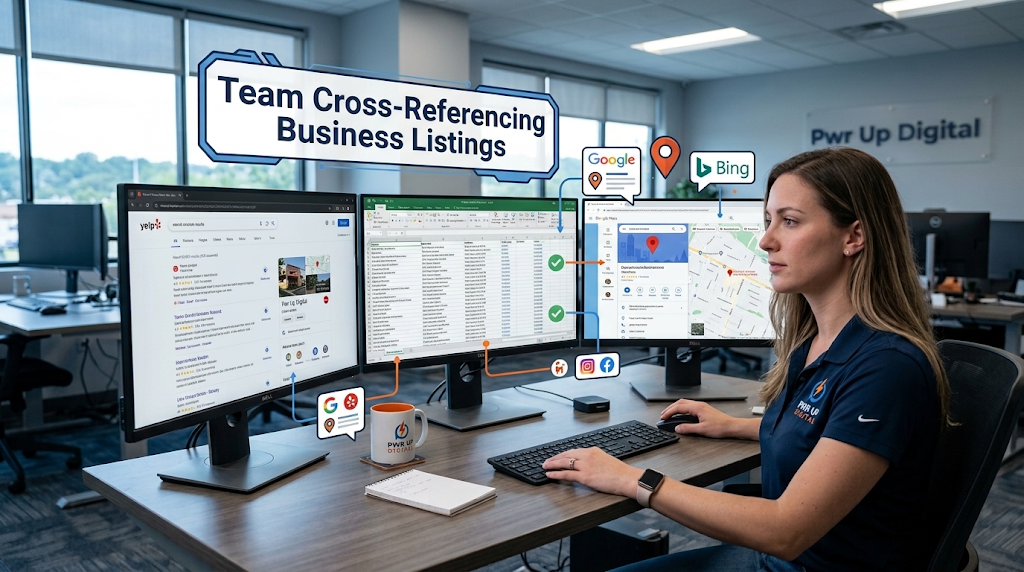 Team member cross-referencing business directory listings across multiple monitor screens.