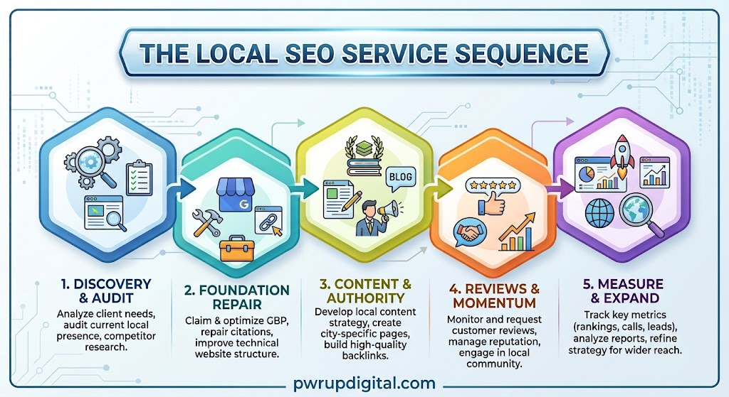 The Local SEO Service Sequence: 1. Discovery & Audit — analyze client needs, audit current local presence, competitor research; 2. Foundation Repair — claim and optimize GBP, repair citations, improve technical website structure; 3. Content & Authority — develop local content strategy, create city-specific pages, build high-quality backlinks; 4. Reviews & Momentum — monitor and request customer reviews, manage reputation, engage in local community; 5. Measure & Expand — track key metrics (rankings, calls, leads), analyze reports, refine strategy for wider reach.