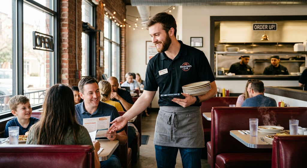 Restaurant server carrying plates and greeting a family seated in a booth at a busy neighborhood grill.